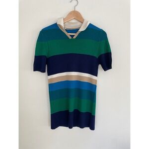 Vintage Mens Striped Knit Polo Shirt Short Sleeve V Neck Casual Retro Colorblock